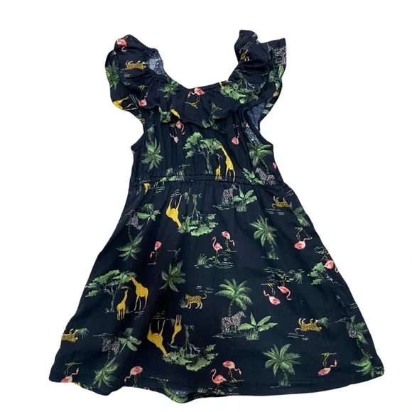 NWT OLD NAVY DRESS SAFARI PRINT BLACK DRESS PALM TREES 🌴 FLAMINGOS 🦩 🦒 4T NEW - Picture 2 of 5